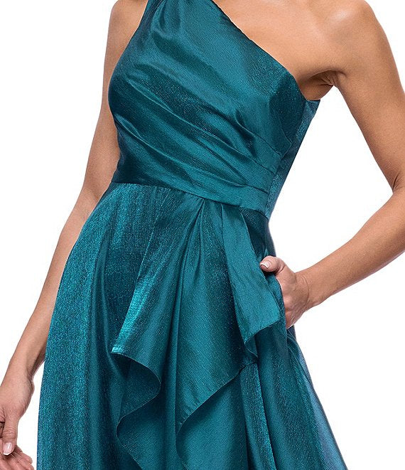 XSCAPE Metallic Draped One-Shoulder Gown