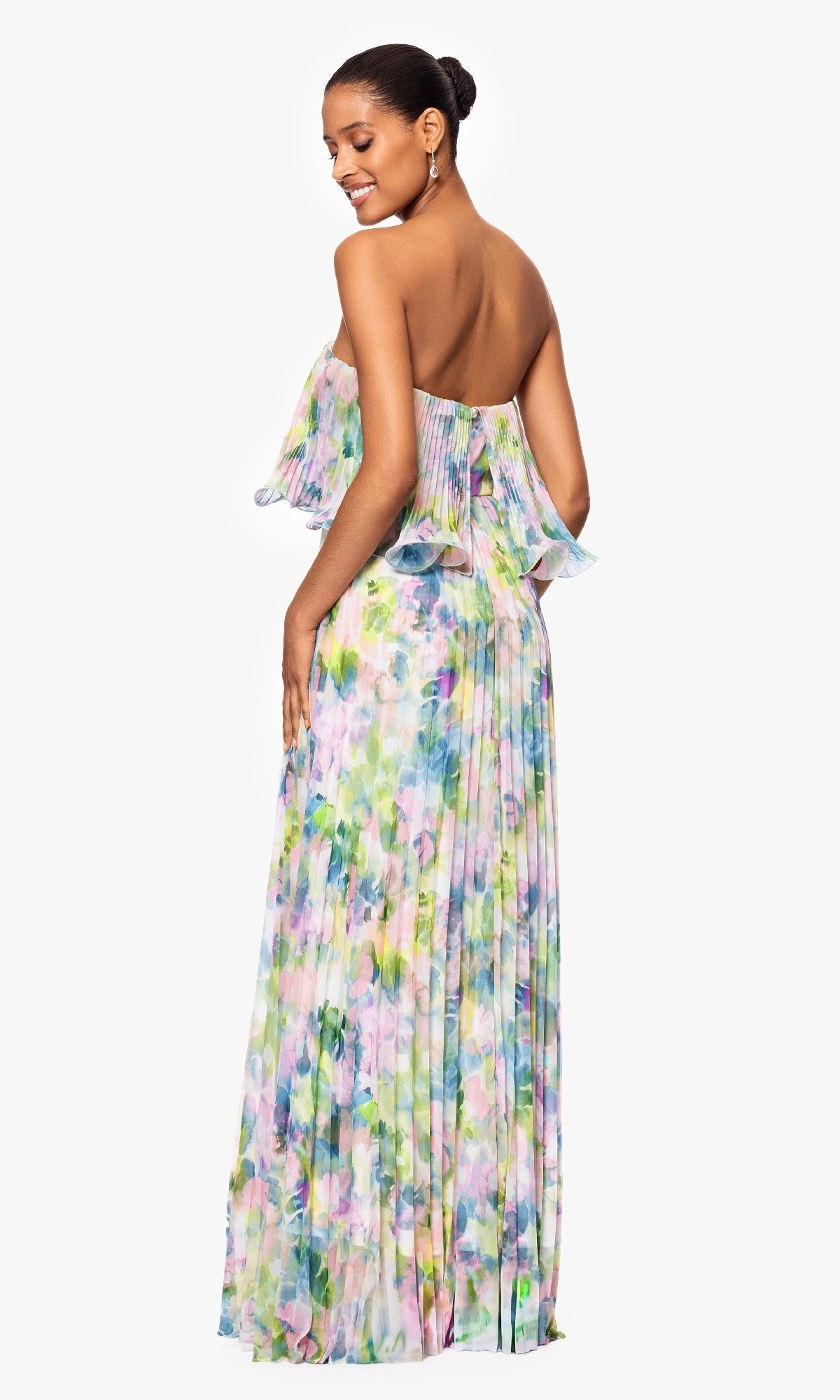 Women's Printed Pleated Strapless Gown