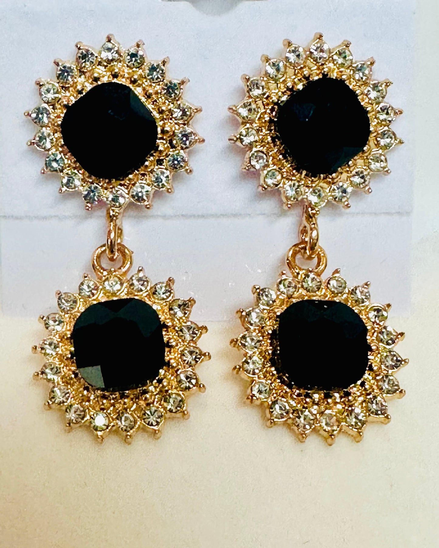 Vintage Black & Clear Crystal Sunburst Drop Earrings