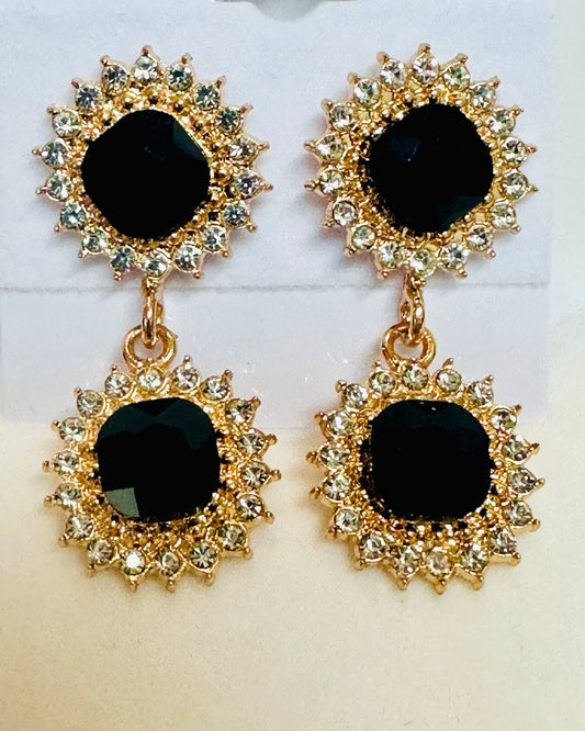 Vintage Black & Clear Crystal Sunburst Drop Earrings