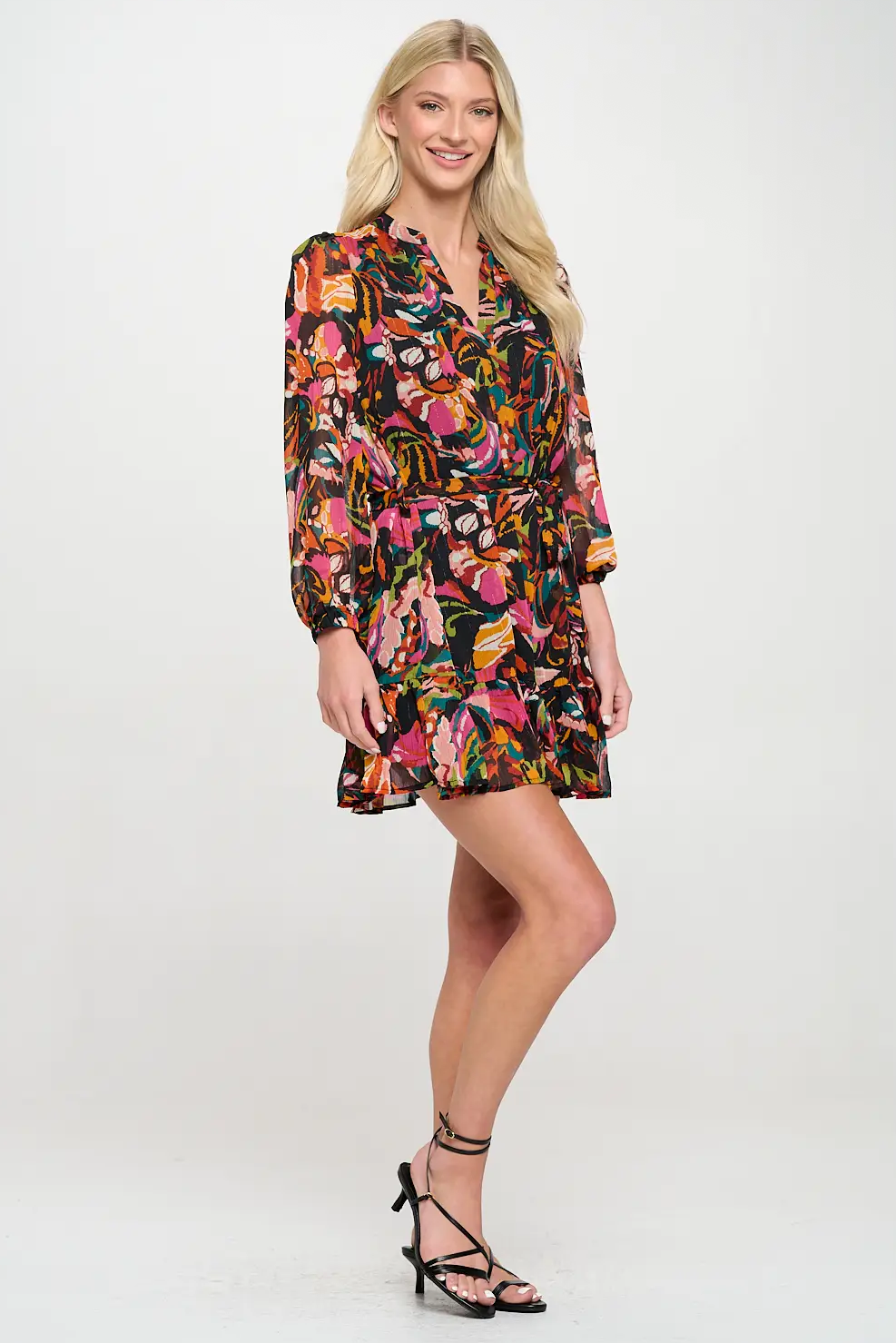 Black Ikat Long Sleeve Chiffon Dress
