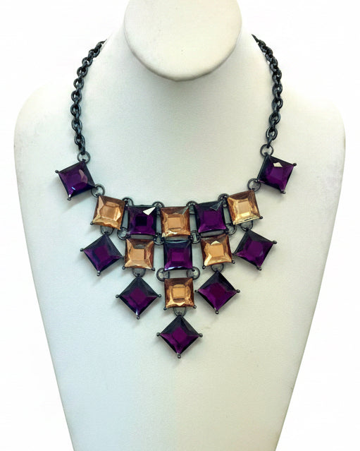 Vintage Geometric Pyramid Statement Bib Necklace in Amethyst & Smoked Topaz