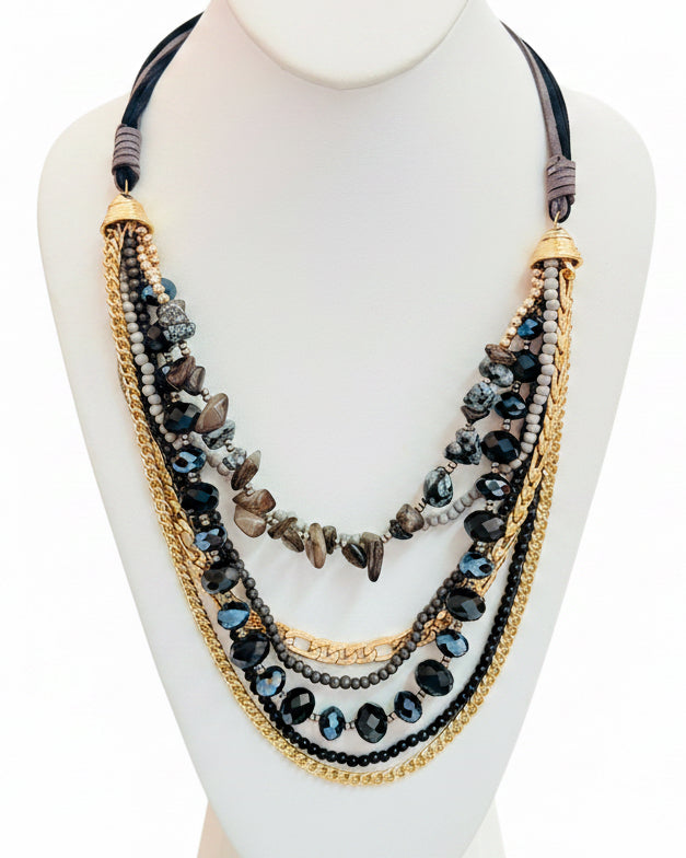 Vintage Obsidian Night Multi-Strand Crystal Bib Necklace