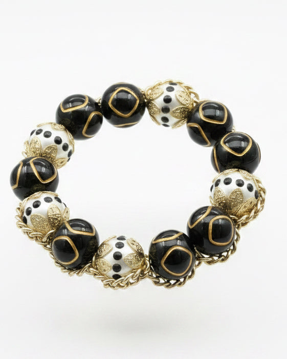 Vintage Joan Rivers Signed Black & White Enamel Chunky Bead Bracelet