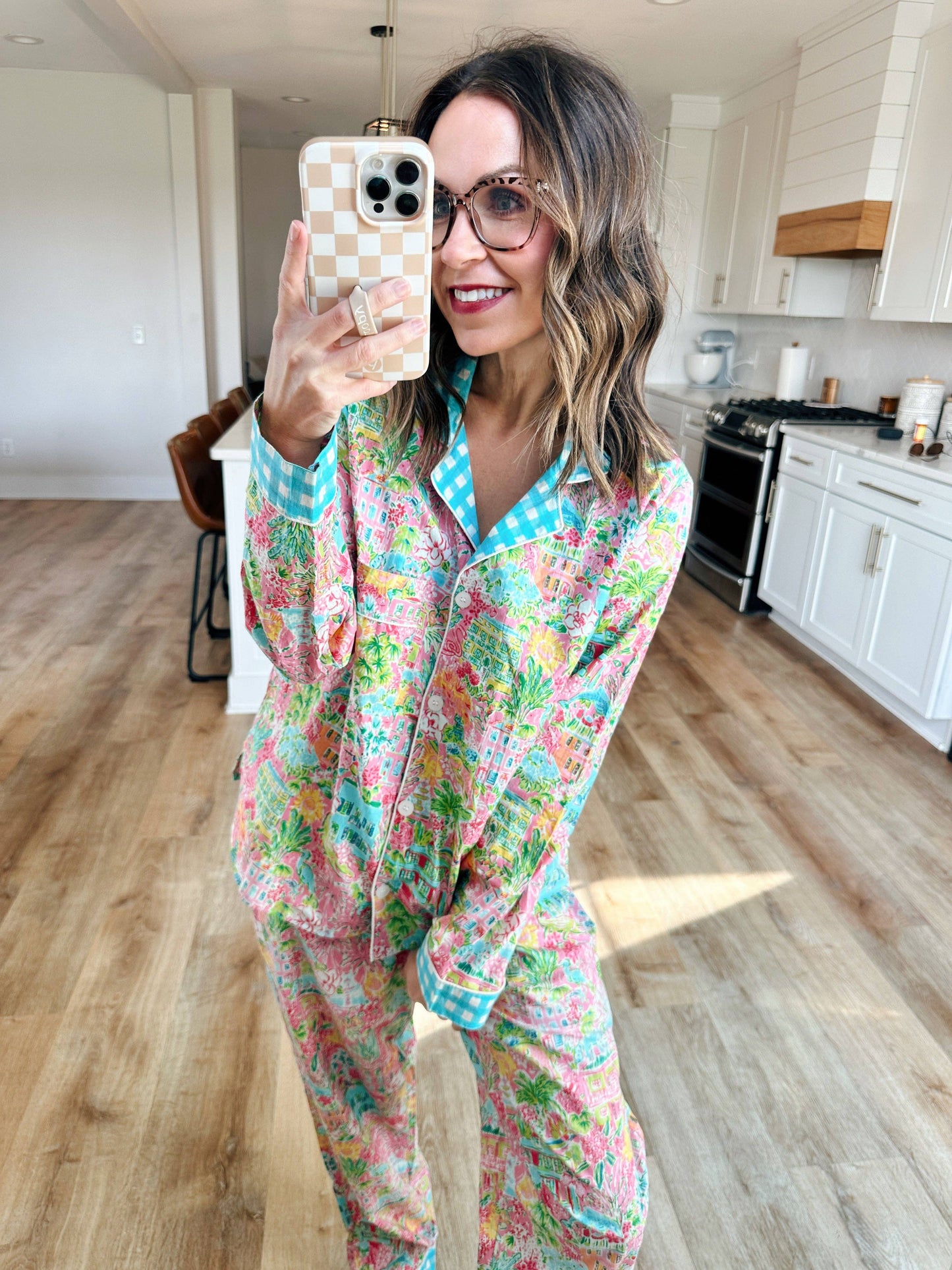 Women's Cotton Pajama Set - Pink Southern Town Print