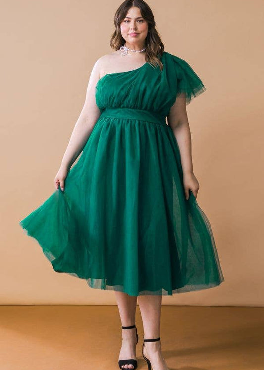 Curvy Emerald Dream One-Shoulder Tulle Dress
