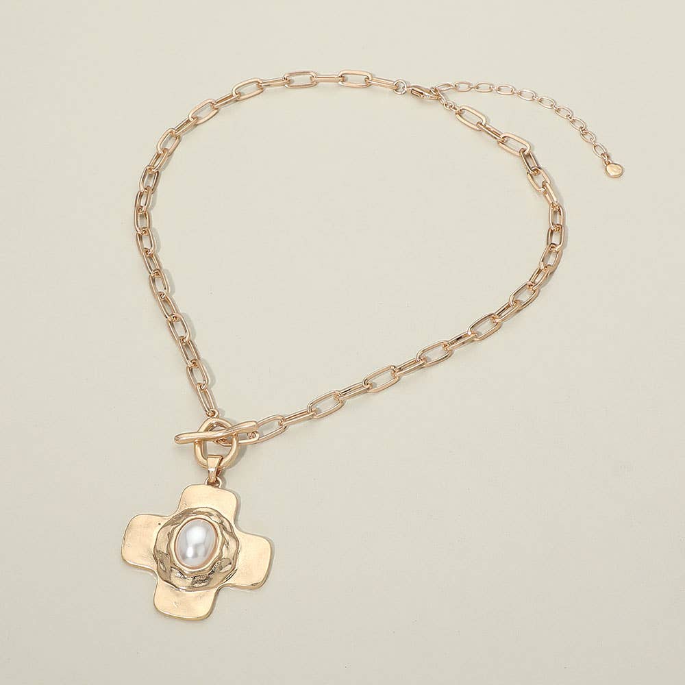 Oval Pearl Toggle Cross Pendant Necklace