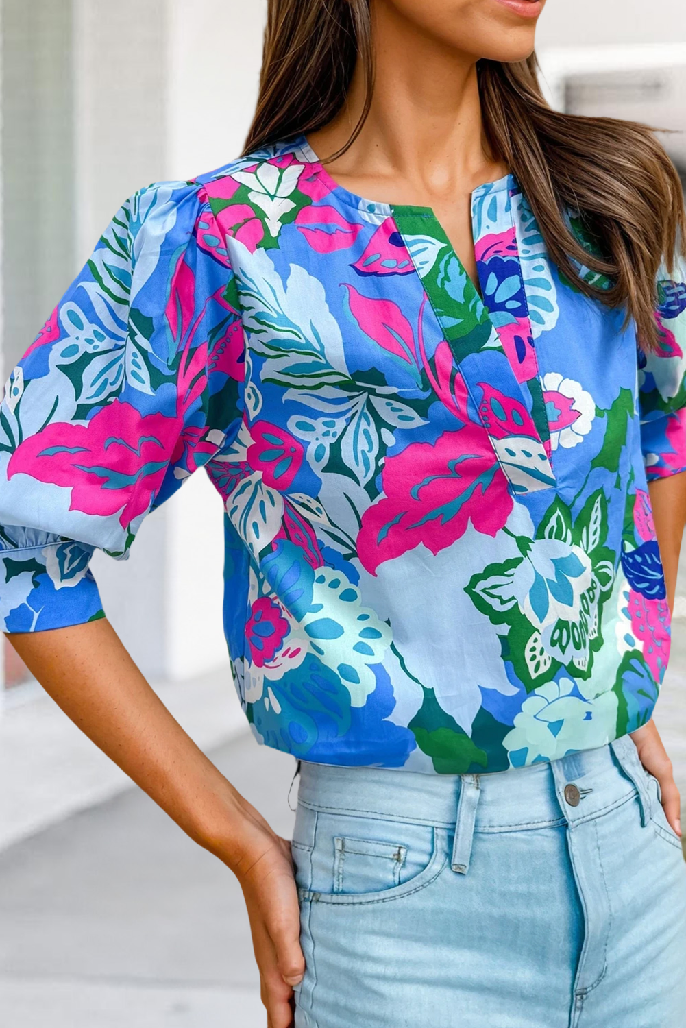 Floral Print V Neck Half Sleeve Blouse