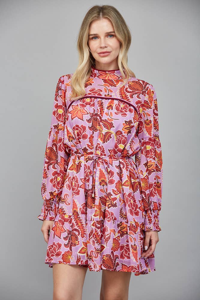 Long Sleeve Lavender Print Mini Dress