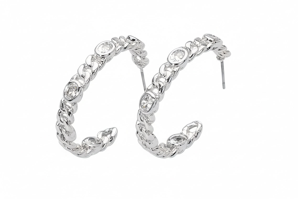 Silver Oval Chain CZ Hoop Earrings