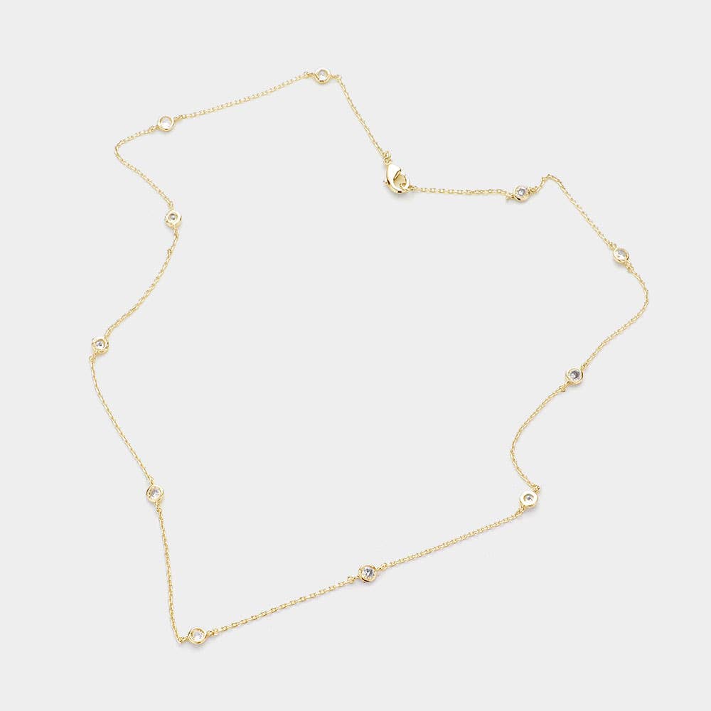 Gold Dipped Brass Metal Round CZ Station Necklace