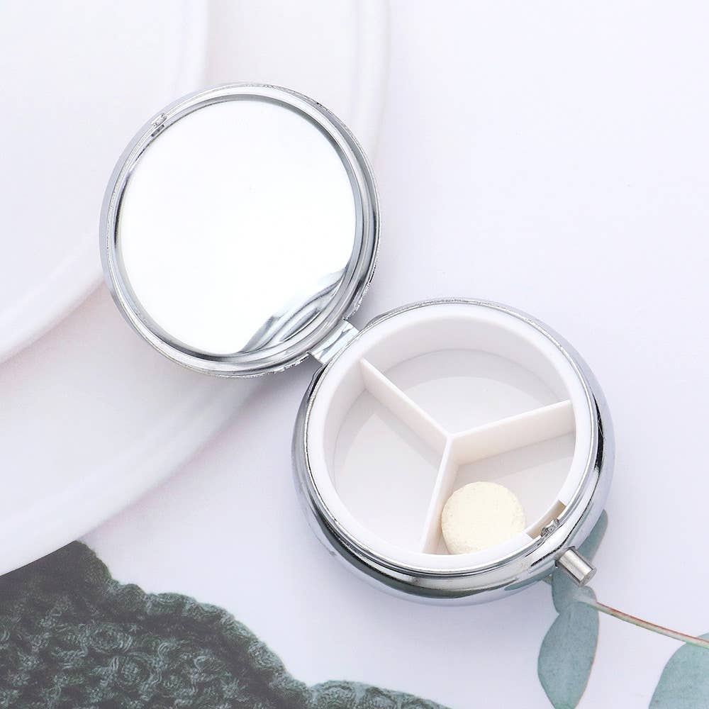 Bling Round Mirror Compact Pill Organizer Case
