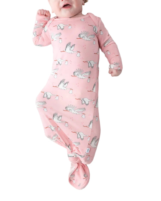 Baby Girl Pink Storks Knotted Infant Gown