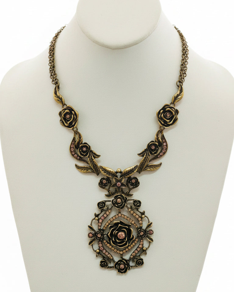 Victorian Revival Antiqued Brass Rose Bib Necklace