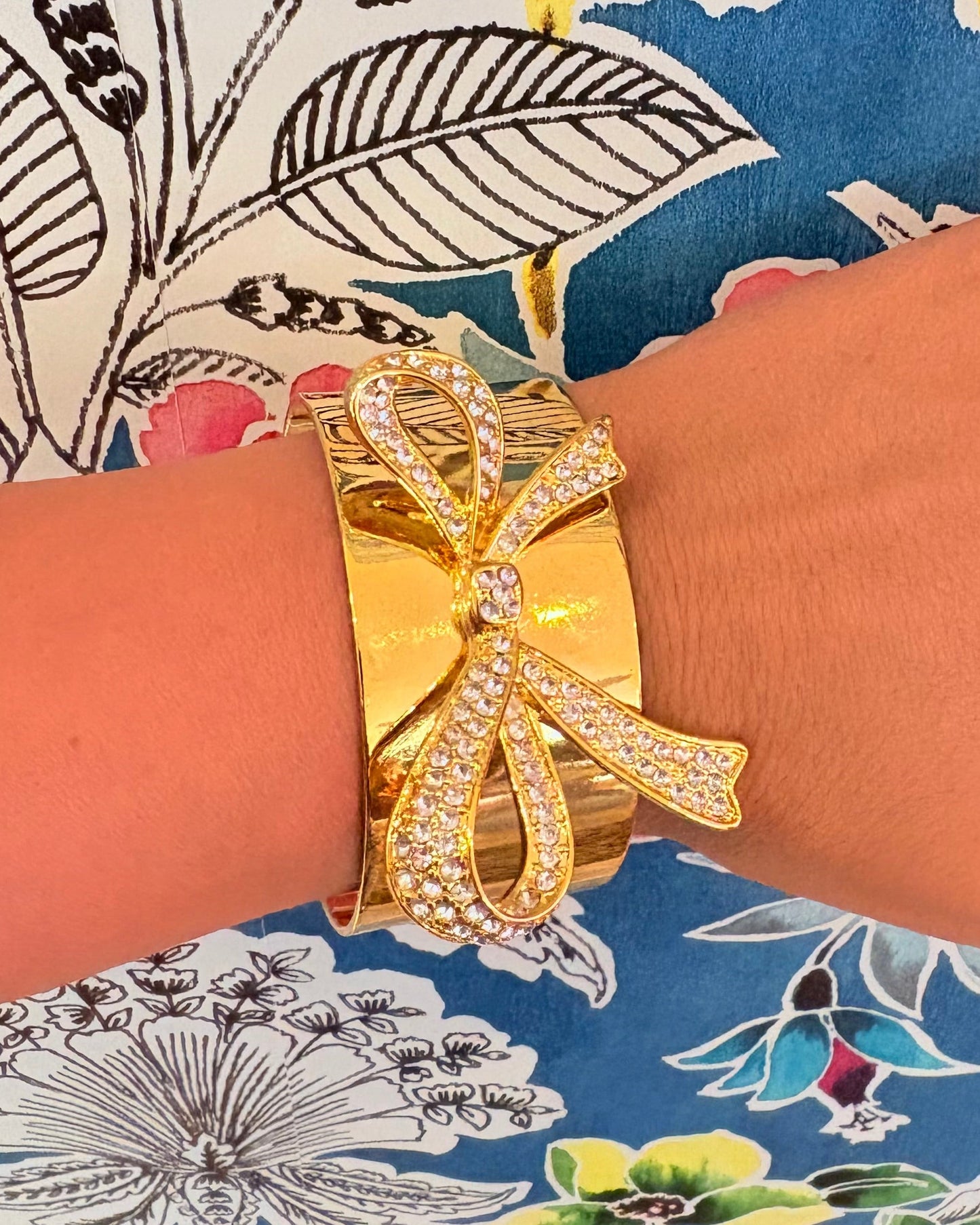 Vintage Rhinestone Pavé Bow Gold Tone Wide Cuff Bracelet