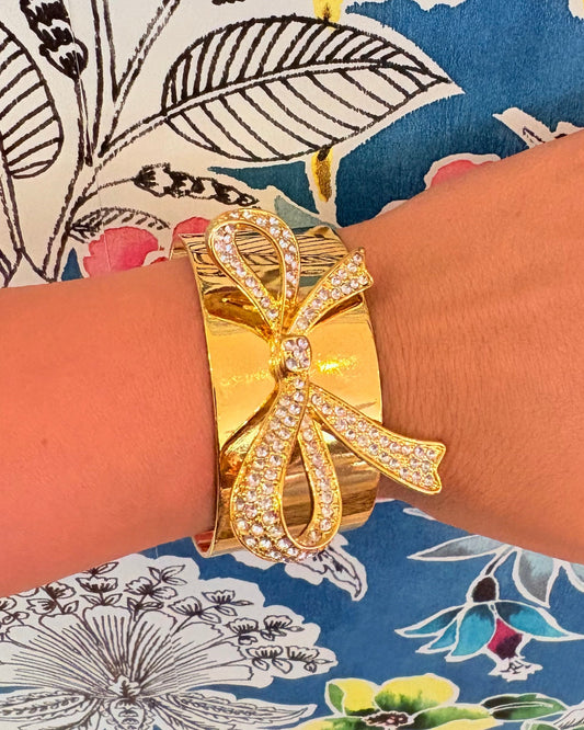 Vintage Rhinestone Pavé Bow Gold Tone Wide Cuff Bracelet