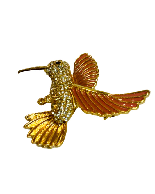 Pave & Coral Enamel Hummingbird Brooch