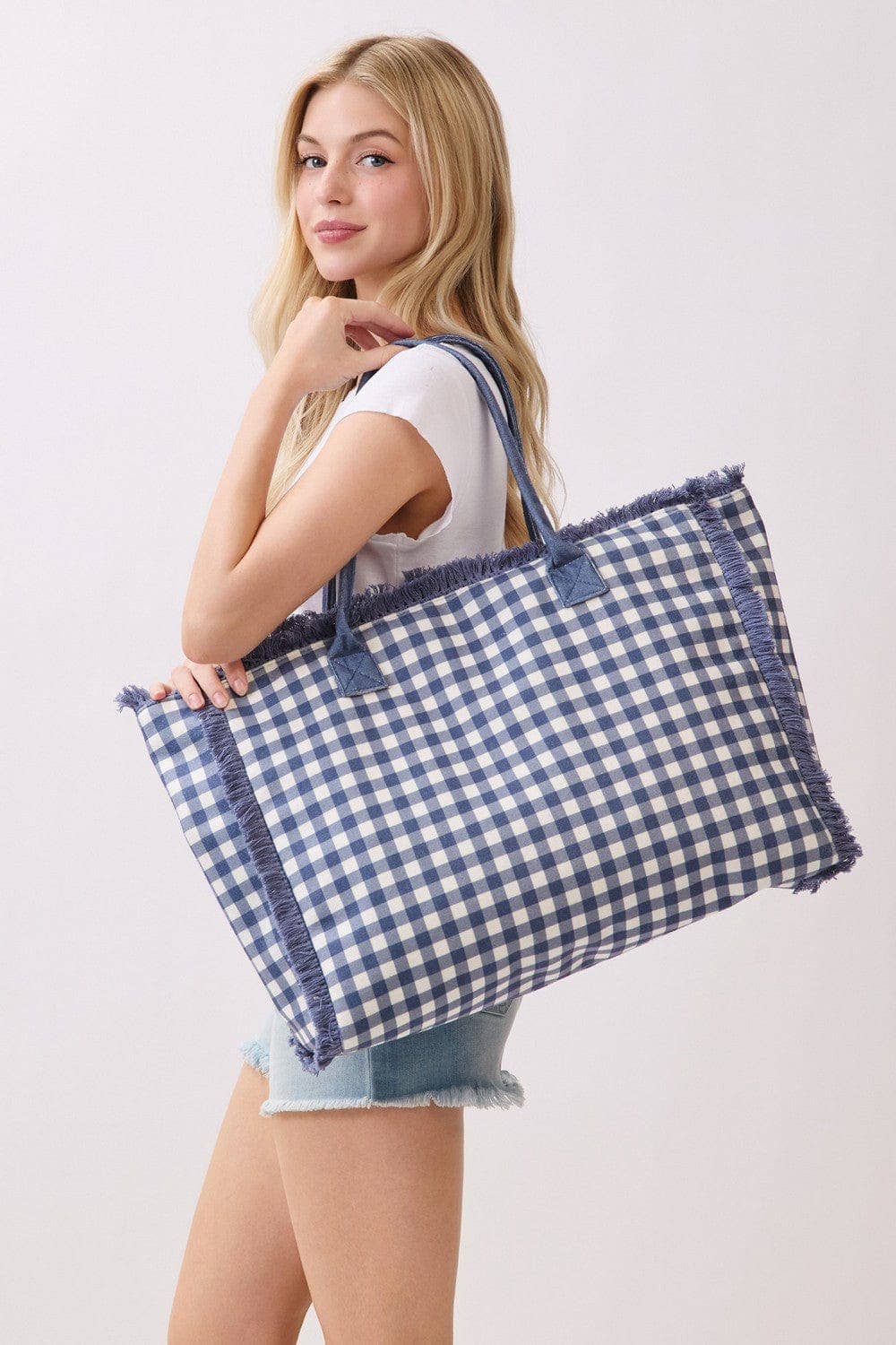 Navy Gingham Beach Tote Bag