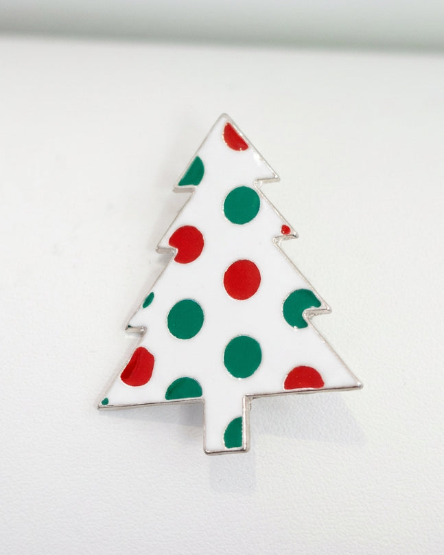 Vintage Mid-Century Enamel Polka Dot Christmas Tree Brooch