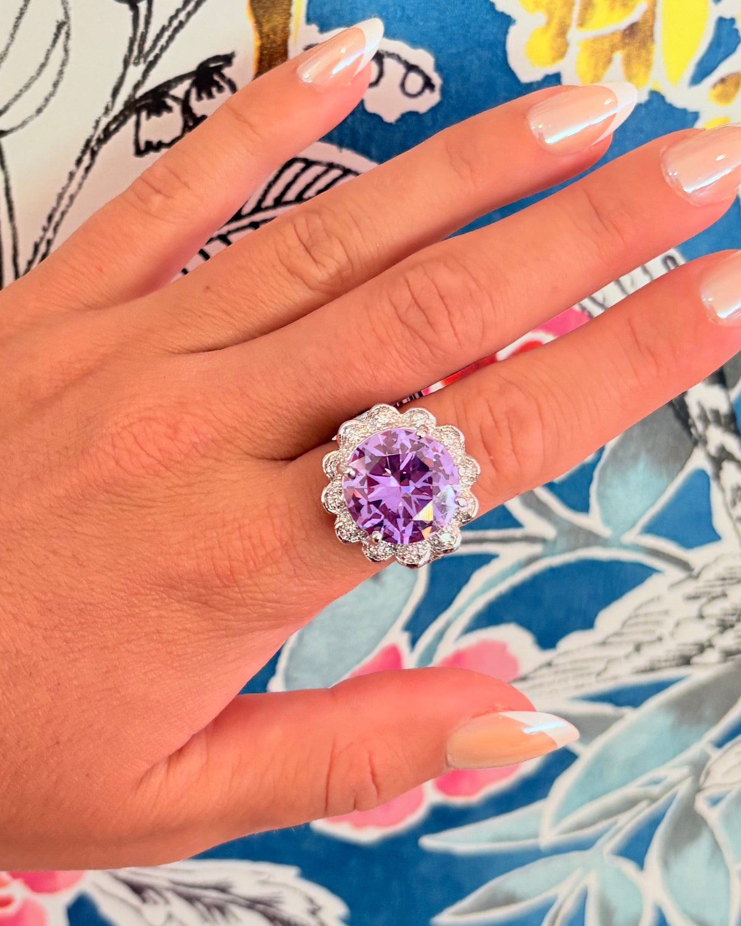 Vintage-Inspired Floral Halo Statement Ring with Purple Cubic Zirconia