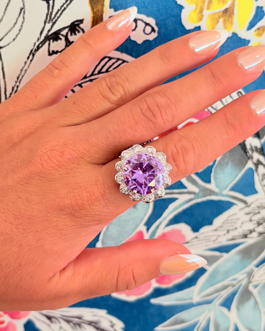 Vintage-Inspired Floral Halo Statement Ring with Purple Cubic Zirconia
