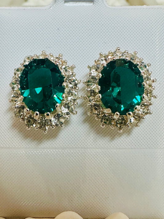 Vintage Royal Emerald Oval Halo Cluster Earrings