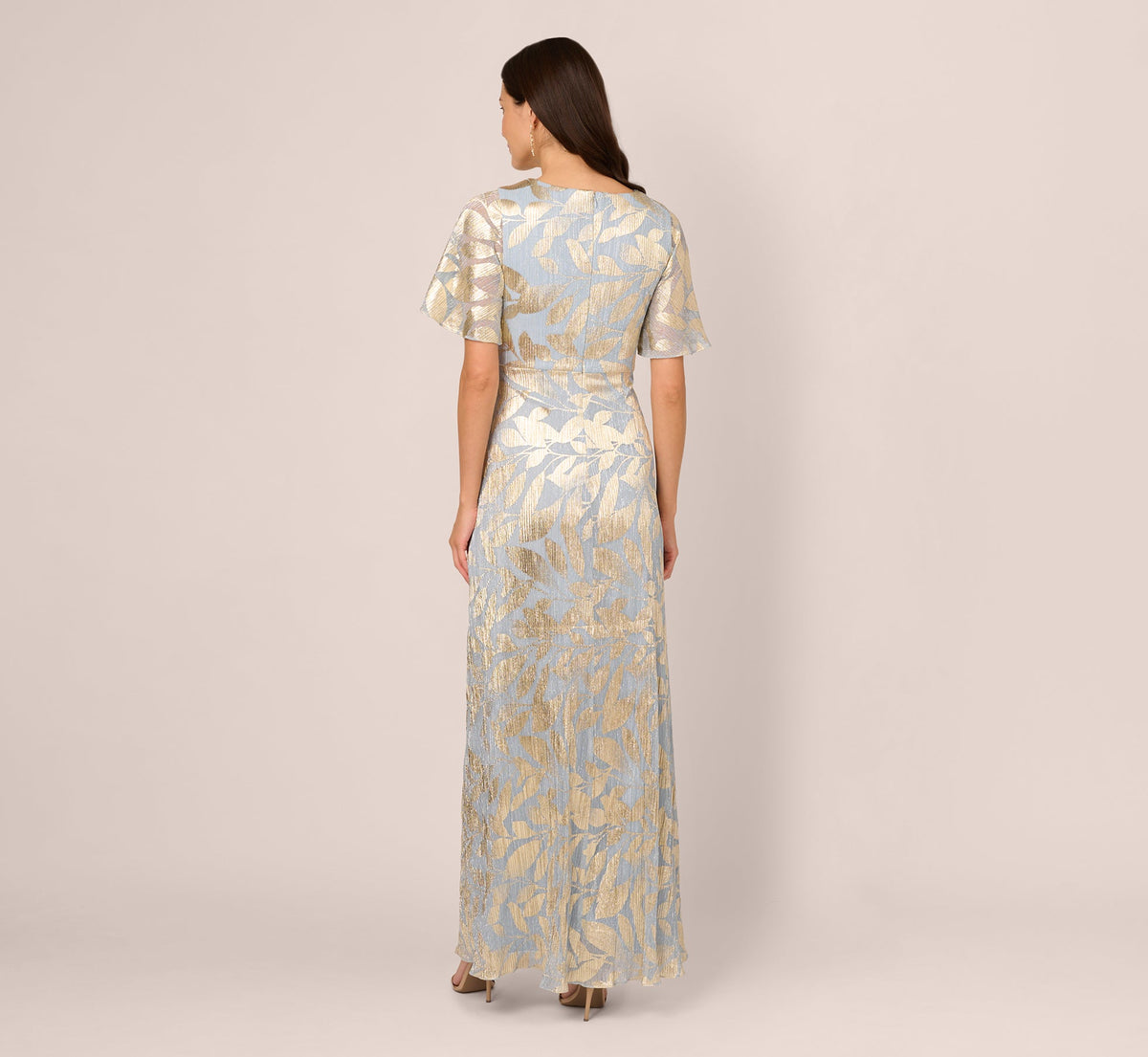Women's Foil Leaf Flutter-Sleeve Draped Gown