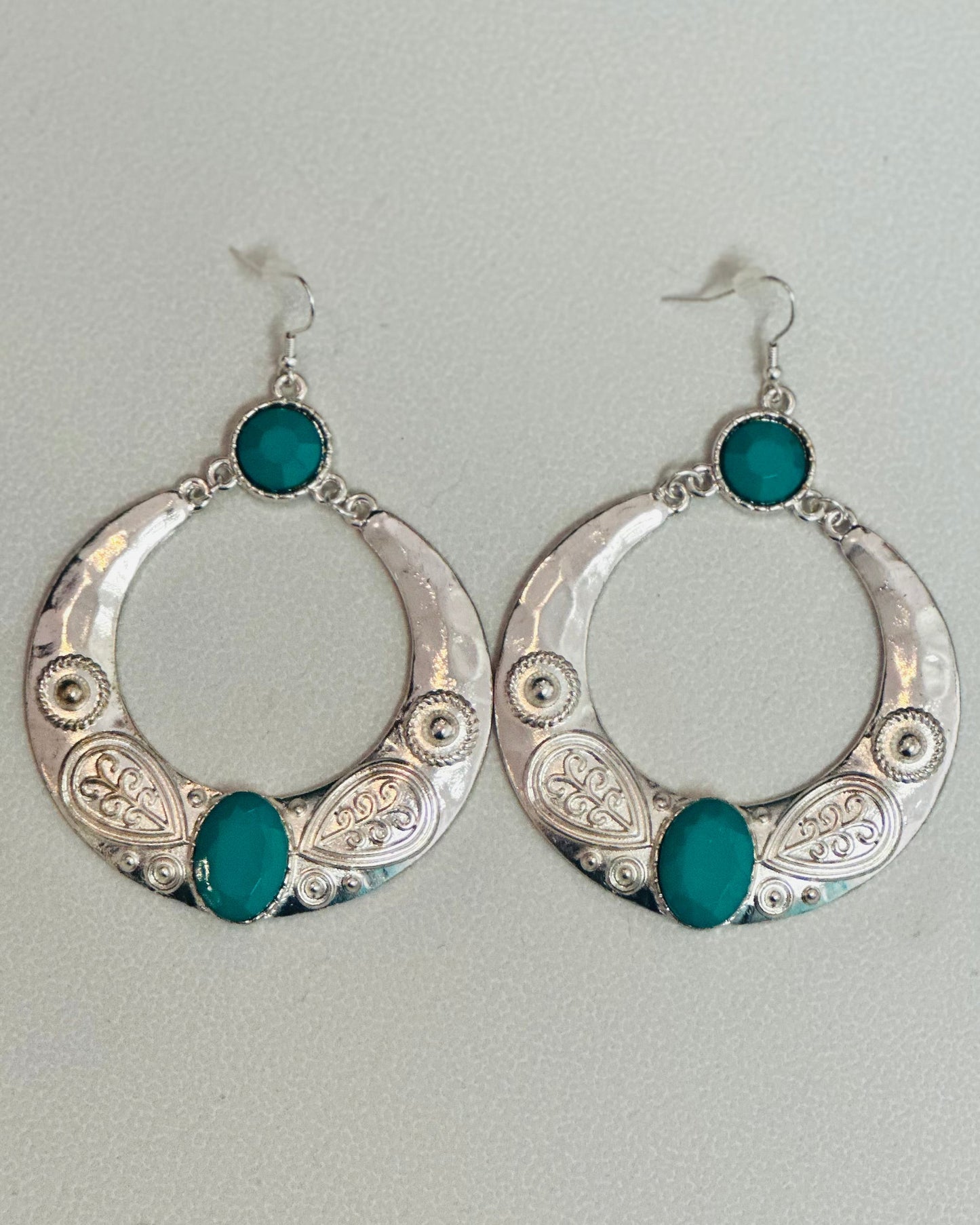 Desert Turquoise Crescent Earrings – Embossed Silvertone