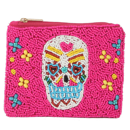 Pink Beaded Coin Purse with Skull