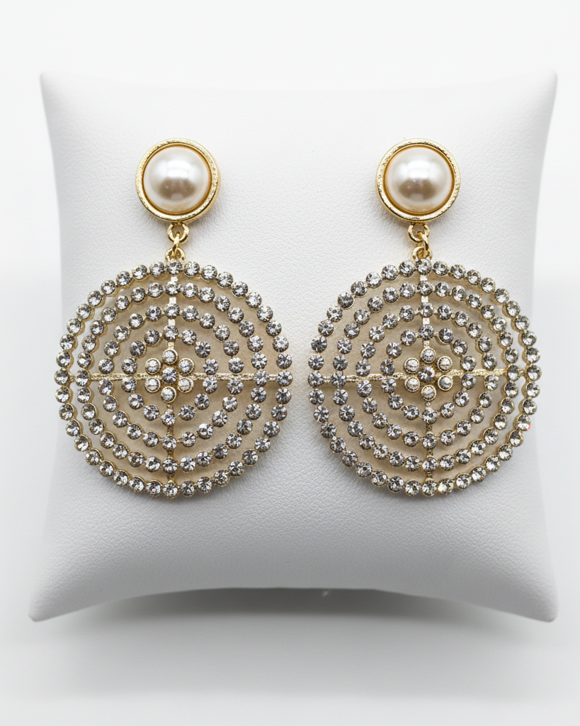 Vintage Glamour Pearl & Crystal Disc Drop Earrings