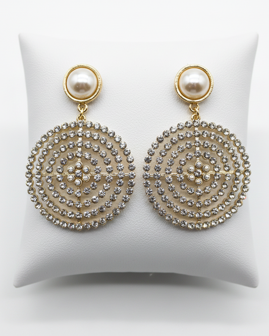 Vintage Glamour Pearl & Crystal Disc Drop Earrings