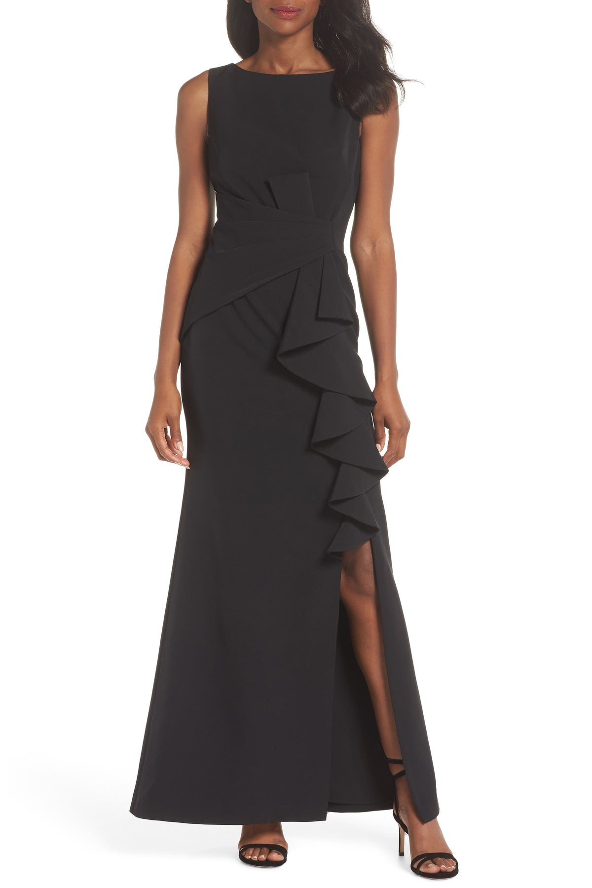 Eliza J Cascade Ruffle Sleeveless Gown