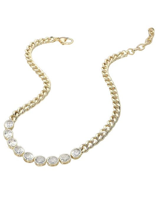 Gold CZ Bezel Link Curb Chain Necklace