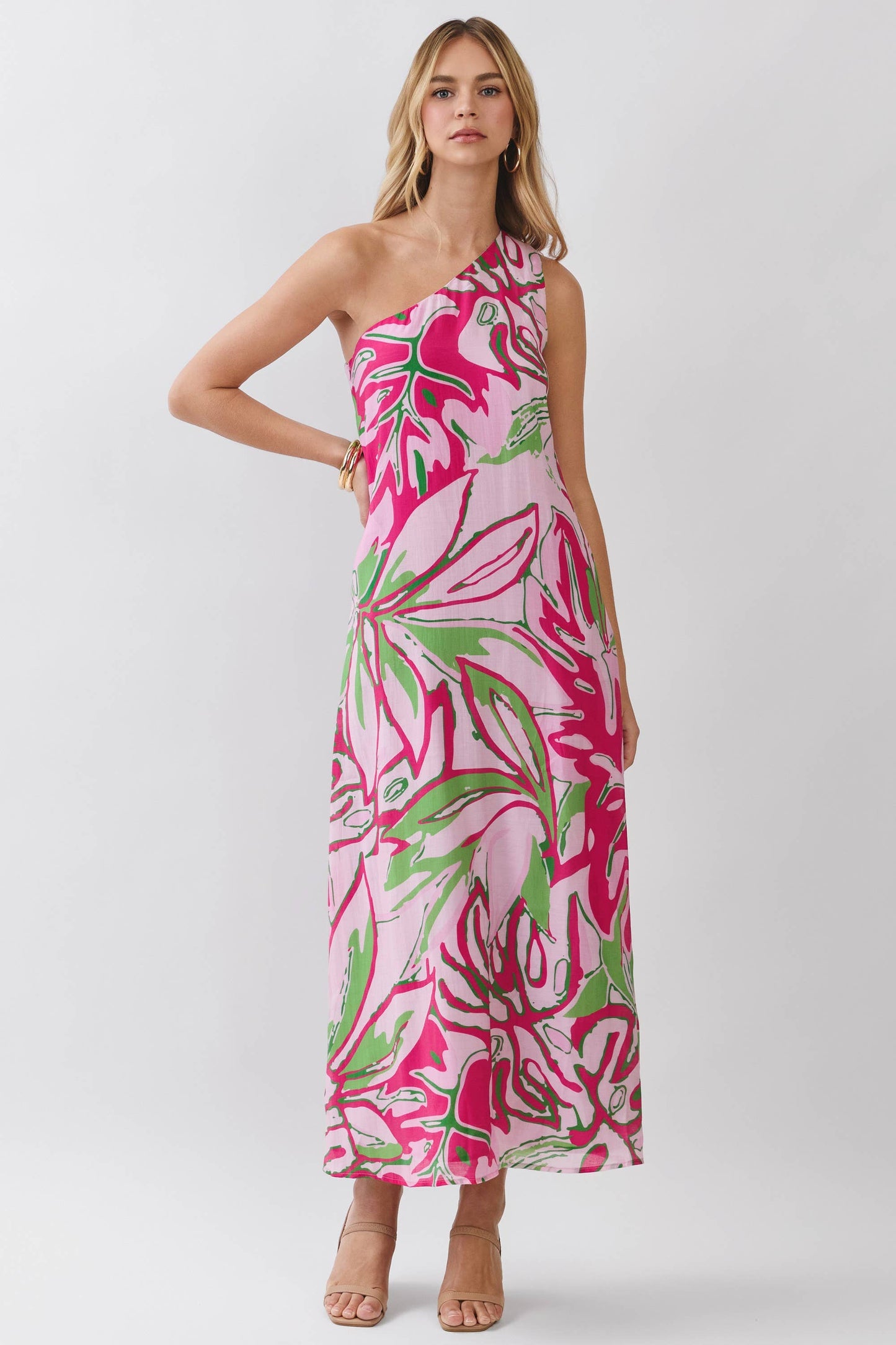 One Shoulder Tropical Print Maxi Dress