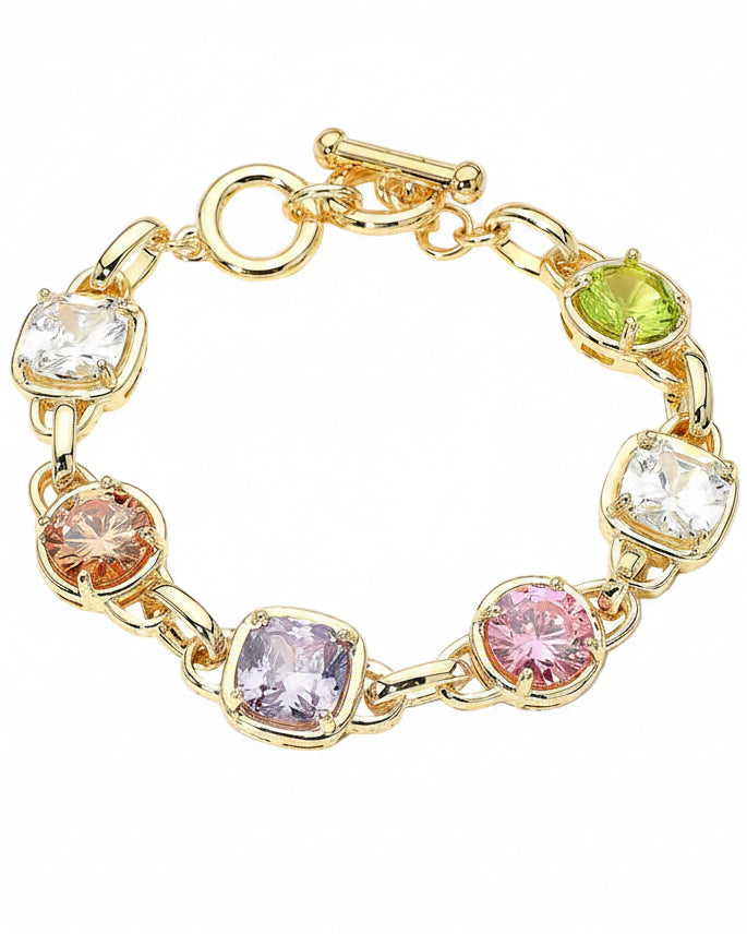 Gold Multi Color CZ Stone Link Toggle Bracelet