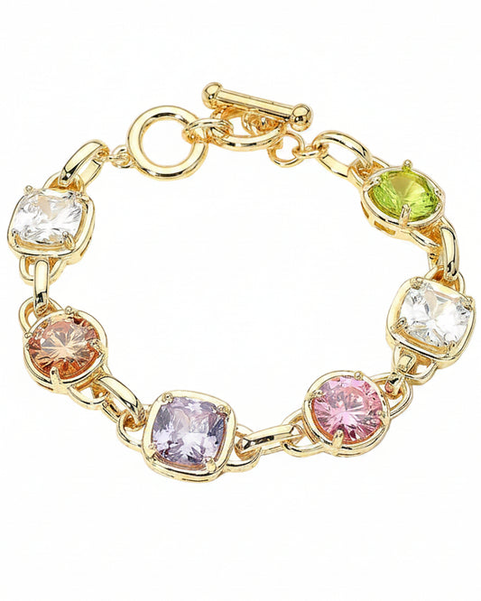 Gold Multi Color CZ Stone Link Toggle Bracelet