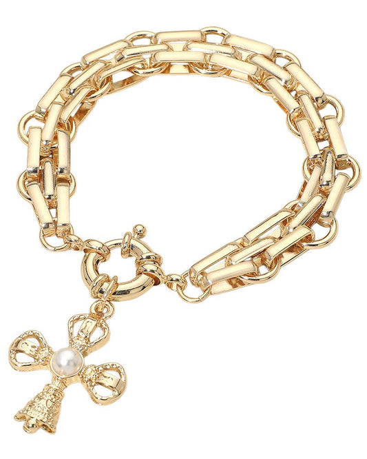 Pearl Cross Chunky Link Chain Bracelet