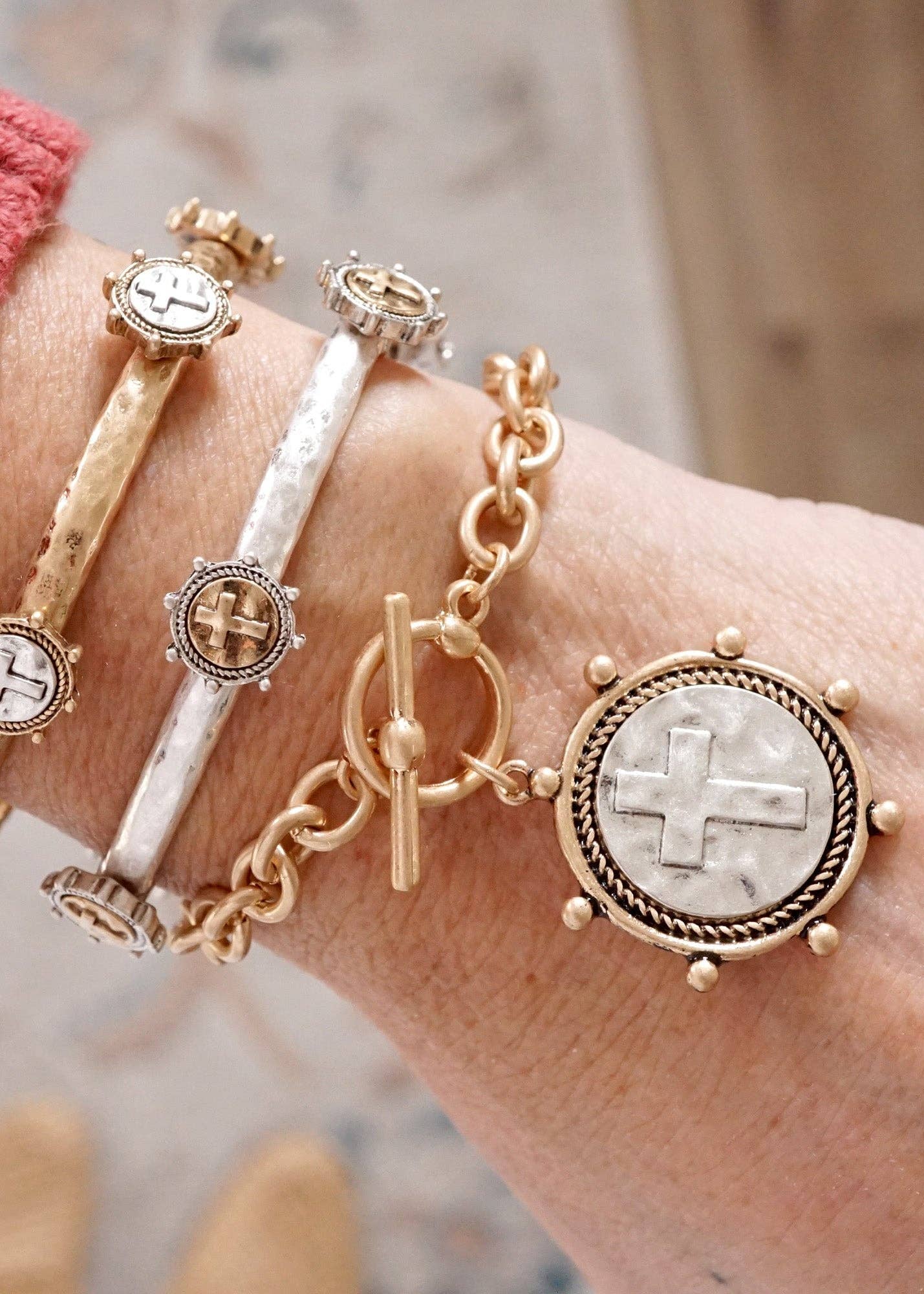 Cross Coin Chain Bracelet Toggle