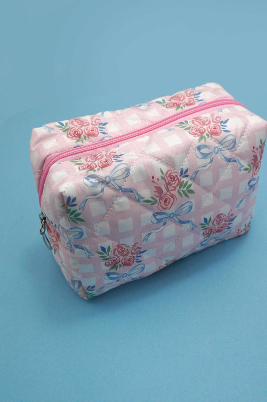 Pink Gingham Floral Quilted Bow Cosmetic Bag