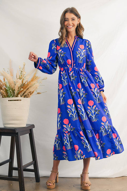 Vibrant Blue Floral Midi Dress