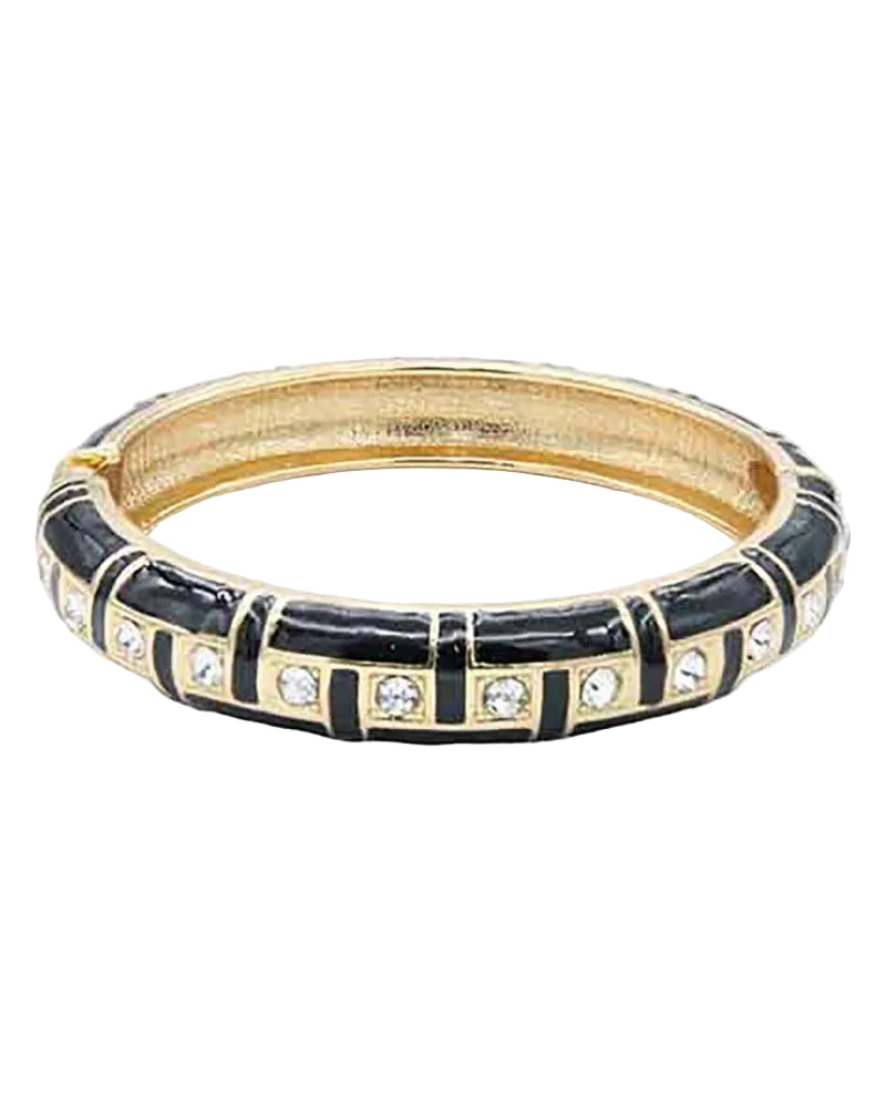 Black CZ Accent Enamel Hinged Bangle Bracelet