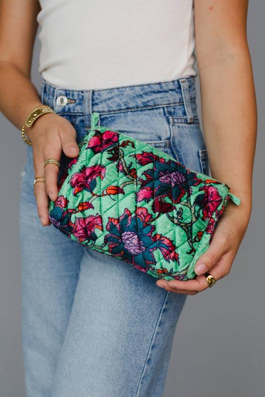 Mint & Multicolored Floral Travel Pouch
