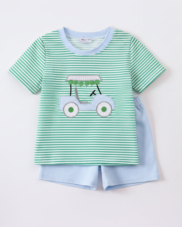 Green Stripe Clover Golf Cart Appliqué Shorts Set
