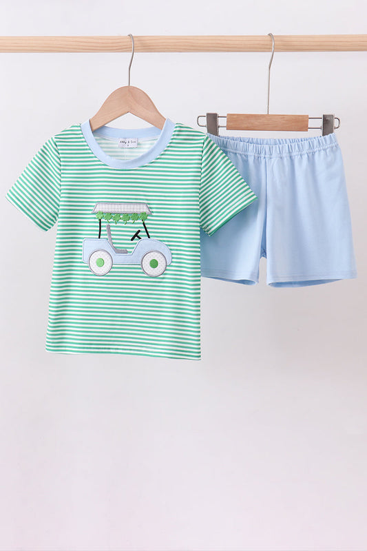 Green Stripe Clover Golf Cart Appliqué Shorts Set