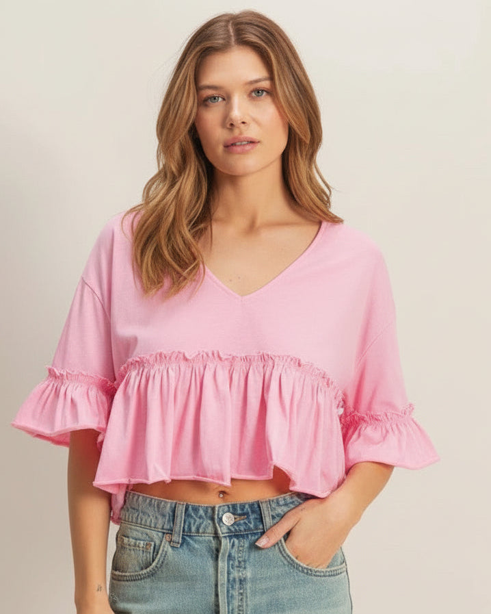 Pink V-Neck Ruffle Hem Top