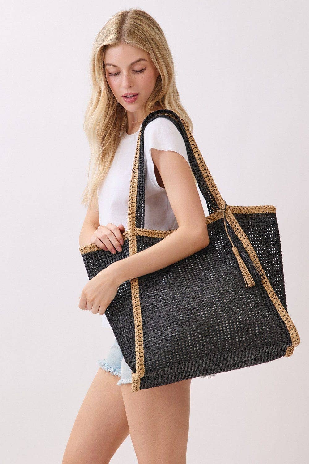 Two Tone Woven Straw Beach Tote Bag