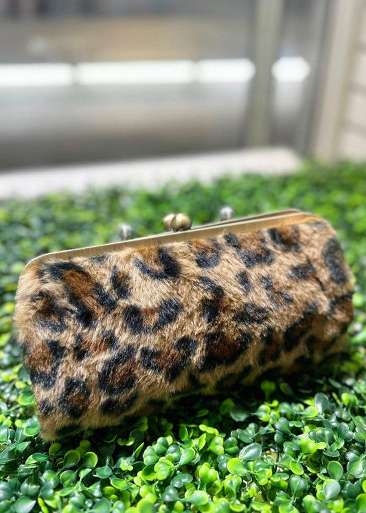 Leopard Faux Fur Kiss Lock Clutch