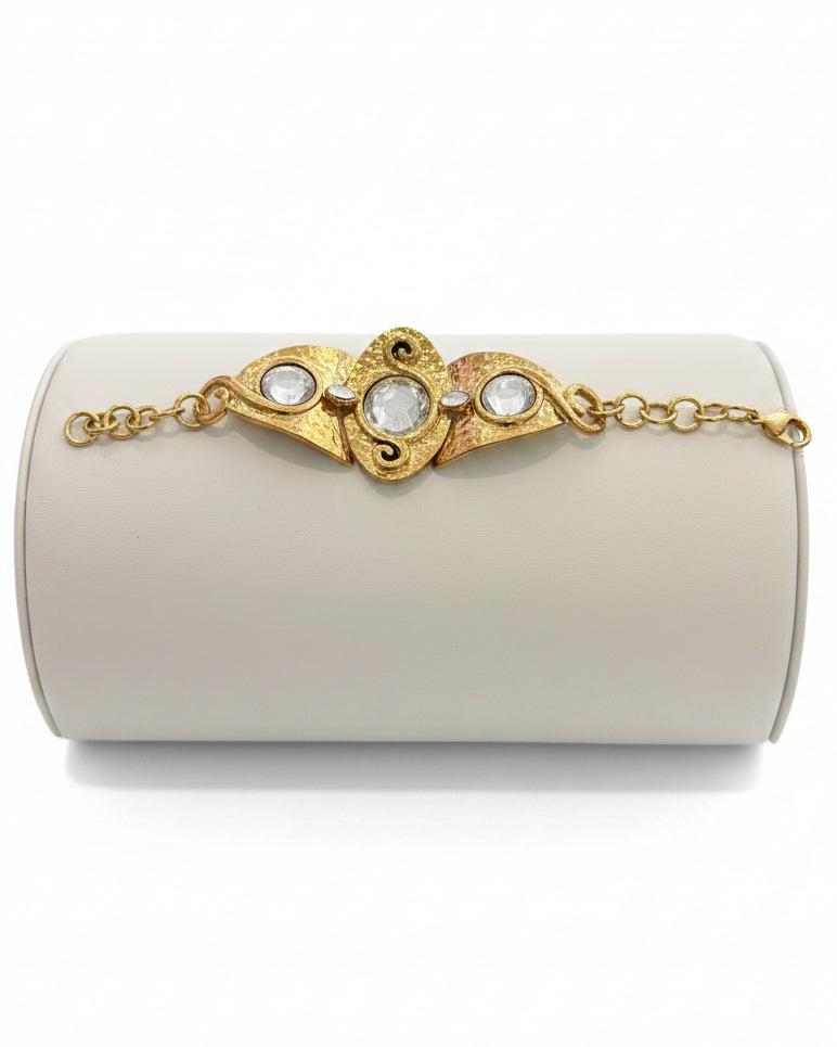 Vintage Hammered Gold Marquise Link Bracelet with Clear Cabochons