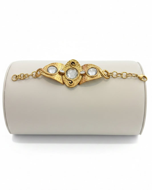 Vintage Hammered Gold Marquise Link Bracelet with Clear Cabochons
