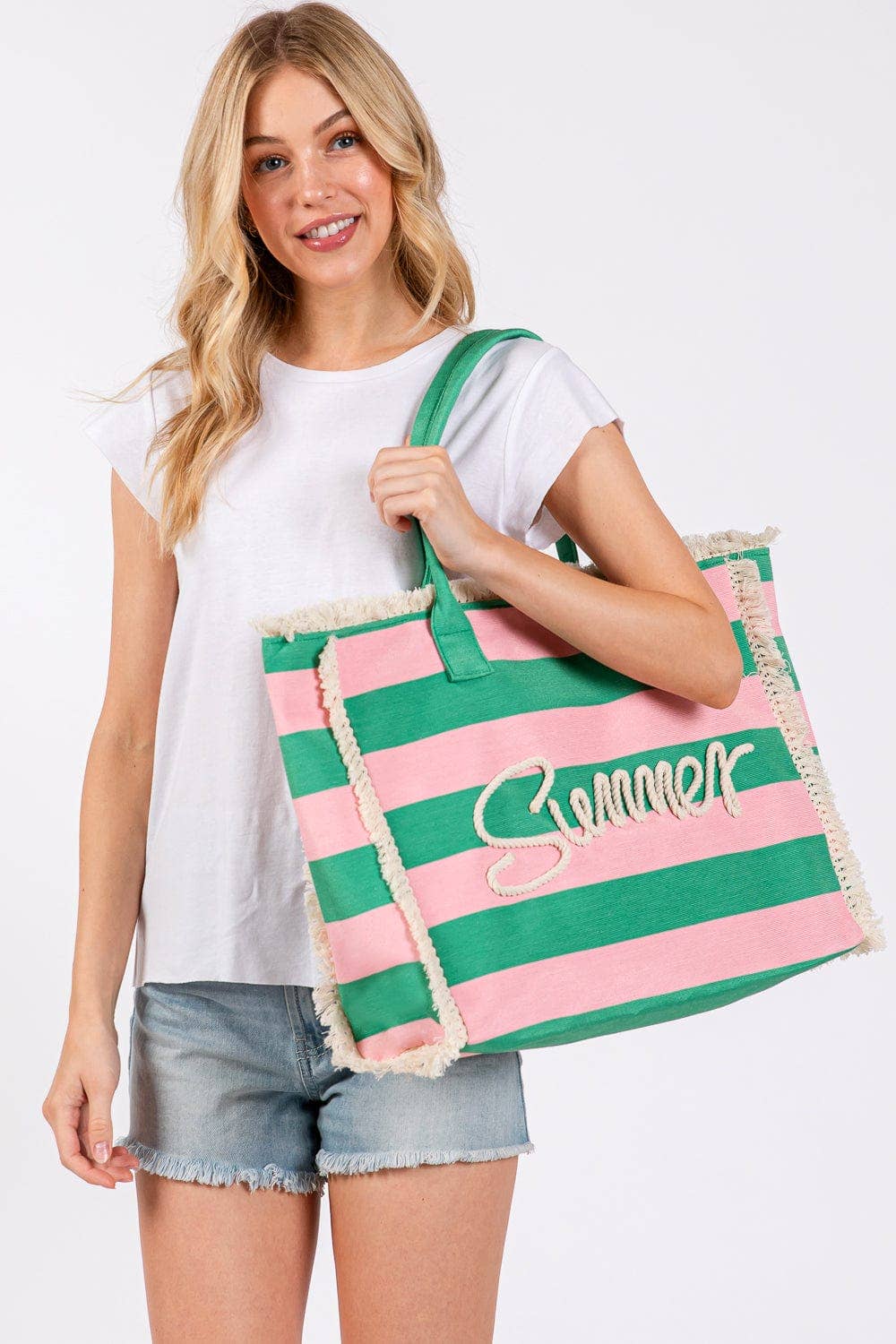 Summer Letter Fringe Striped Tote Bag